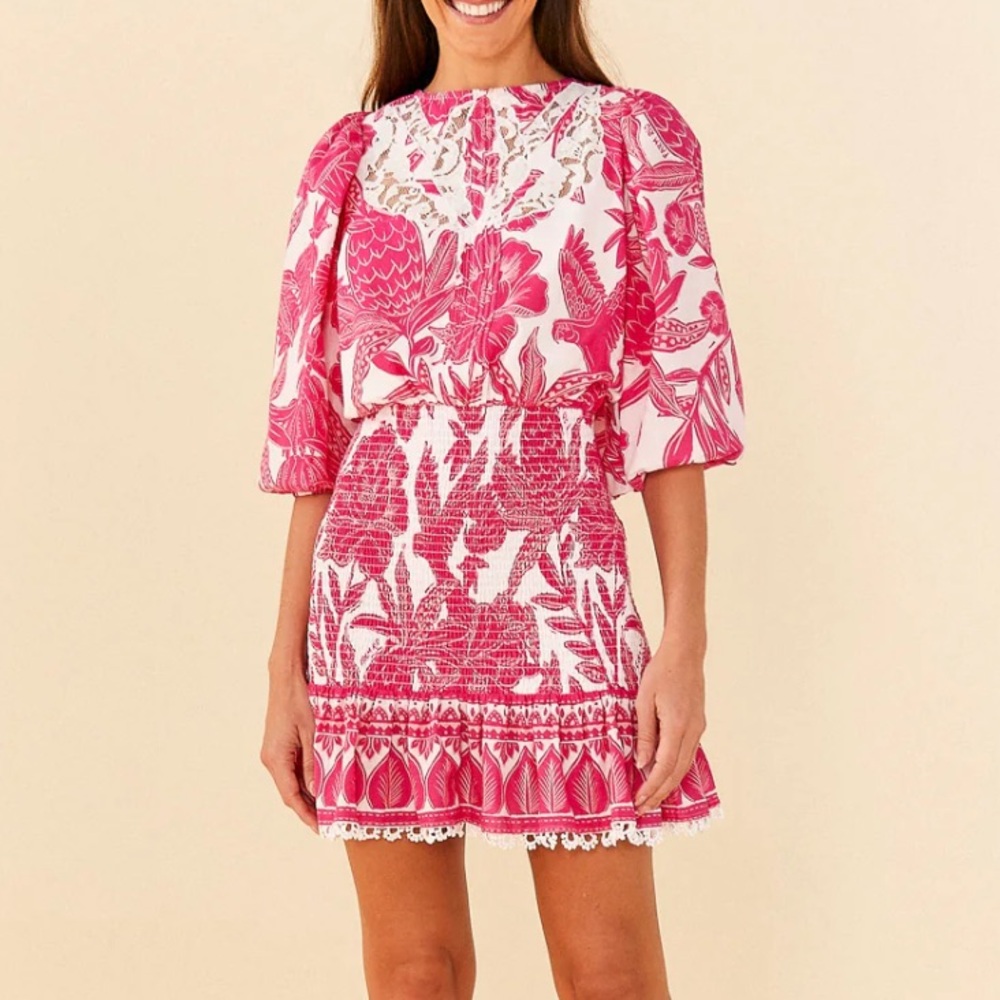 NWOT FARM RIO WOODCUT MINI DRESS PINK AND WHITE